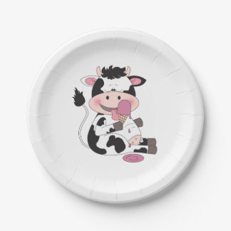 Cute Baby Cow Cartoon met zijn favoriete behandeli Papieren Bordje
