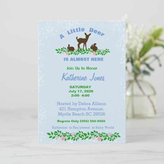 Cute Baby Deer Baby shower Invitation (blauw) Kaart (Staand voorkant)