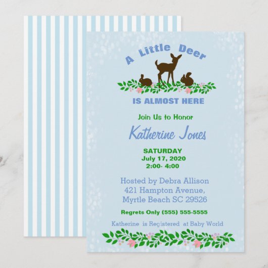 Cute Baby Deer Baby shower Invitation (blauw) Kaart (Voorkant / Achterkant)
