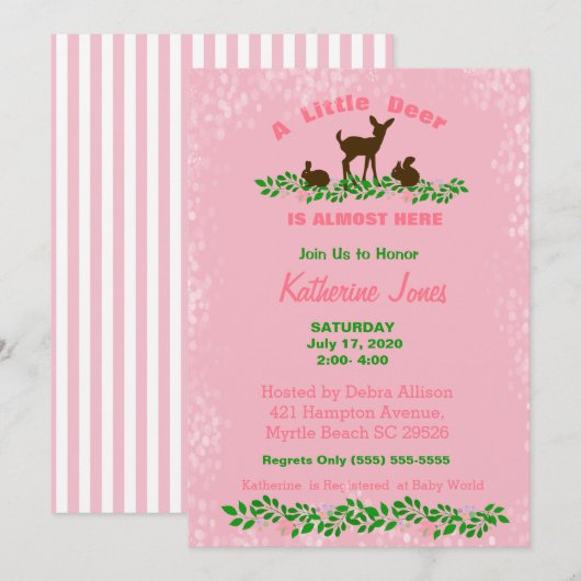 Cute Baby Deer Baby shower Invitation (roze) Kaart (Voorkant / Achterkant)
