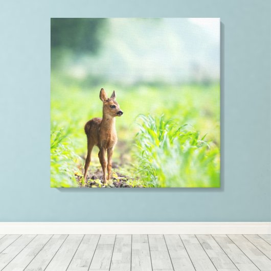 Cute Baby Deer Fawn in Grass Natuur Photography Canvas Afdruk (Insitu (Houten vloer))