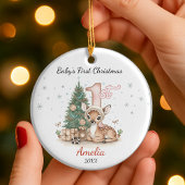 Cute baby deer first Christmas pink personalized  Keramisch Ornament