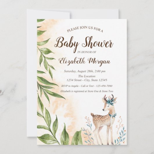 Cute Baby Deer Leaves Baby shower Invitation Kaart (Voorkant)