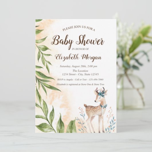 Cute Baby Deer Leaves Baby shower Invitation Kaart (Staand voorkant)