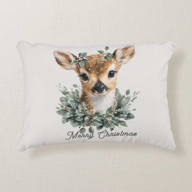 Cute Baby Deer Merry Christmas – Watercolor Fawn  Accent Kussen (Voorkant)