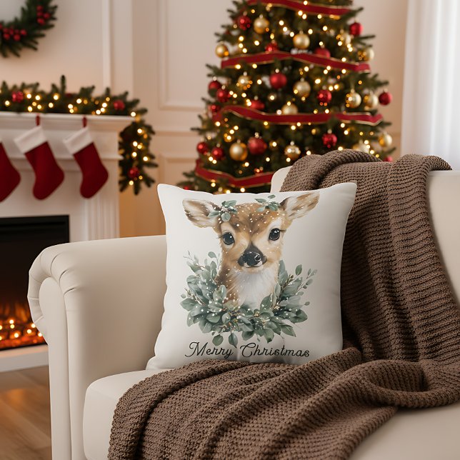 Cute Baby Deer Merry Christmas – Watercolor Fawn  Kussen (Creator heeft geüpload)