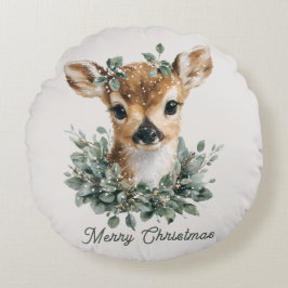 Cute Baby Deer Merry Christmas – Watercolor Fawn  Rond Kussen