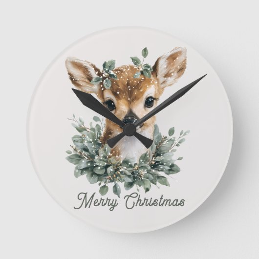 Cute Baby Deer Merry Christmas – Watercolor Fawn Ronde Klok (Voorkant)