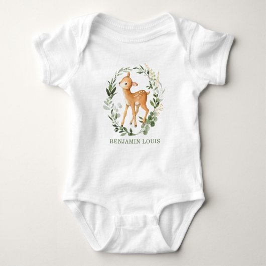 Cute Baby Deer Woodland Greenery 1st Birthday Romper (Voorkant)