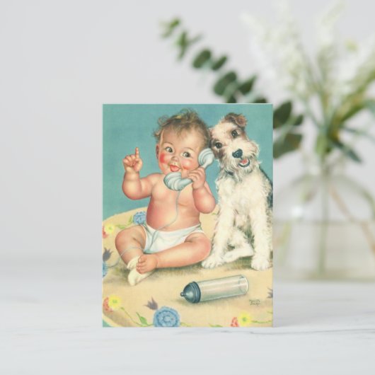  Cute Baby die op Puppy Dog van de Telefoon spreek Briefkaart (Staand voorkant)