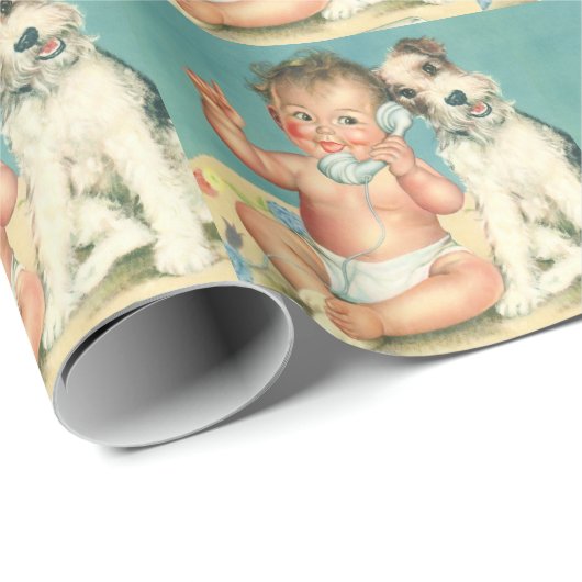 Cute Baby die op Puppy Dog van de Telefoon spreek Cadeaupapier (Rol Hoek)