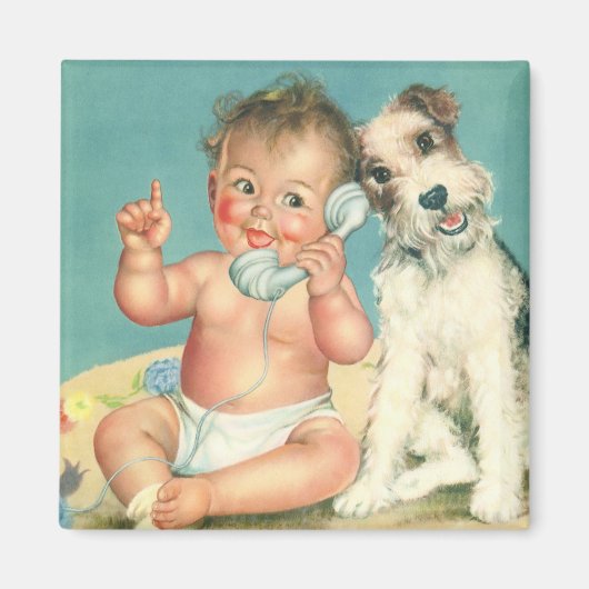  Cute Baby die op Puppy Dog van de Telefoon spreek Magneet (Voorkant)