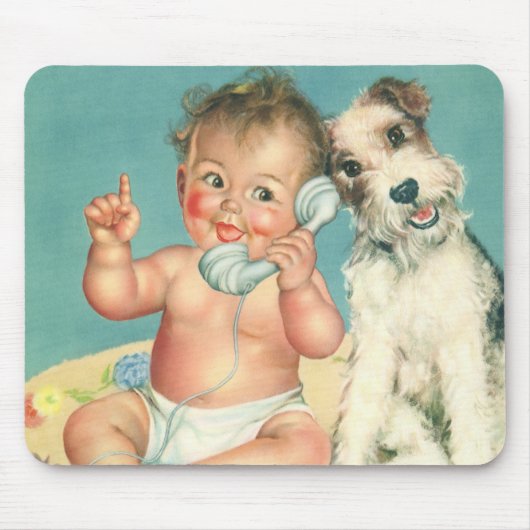 Cute Baby die op Puppy Dog van de Telefoon spreek Muismat (Voorkant)