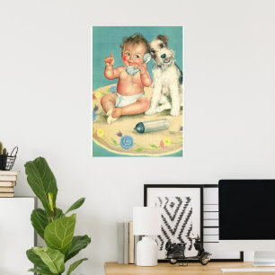  Cute Baby die op Puppy Dog van de Telefoon spreek Poster