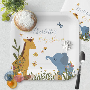 Cute Baby Dieren Bloemige Baby Shower Vierkant Papieren Bordje