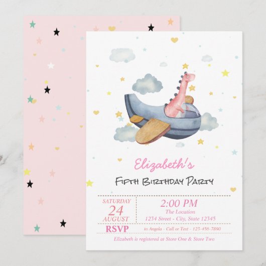 Cute Baby Dino Airplane Stars Birthday Kaart (Voorkant / Achterkant)