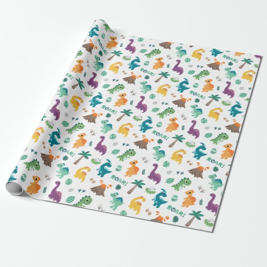 Cute Baby Dino patroon Kinderen Birthday Party Cadeaupapier (Uitgerold)