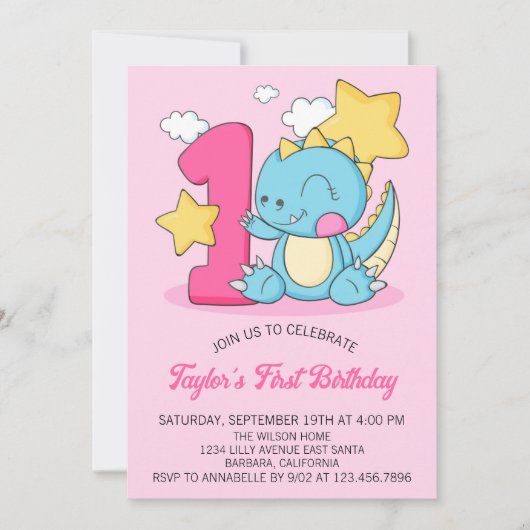 Cute Baby Dinosaur 1st Birthday Party Invitation Kaart (Voorkant)