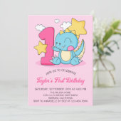 Cute Baby Dinosaur 1st Birthday Party Invitation Kaart (Staand voorkant)