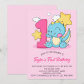 Cute Baby Dinosaur 1st Birthday Party Invitation Kaart (Voorkant / Achterkant)