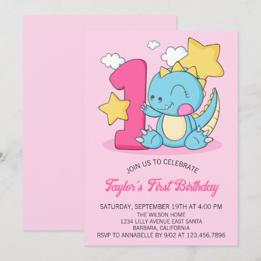 Cute Baby Dinosaur 1st Birthday Party Invitation Kaart (Voorkant / Achterkant)
