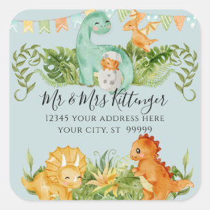 Cute Baby Dinosaur Foliage Shower Return-adres Vierkante Sticker