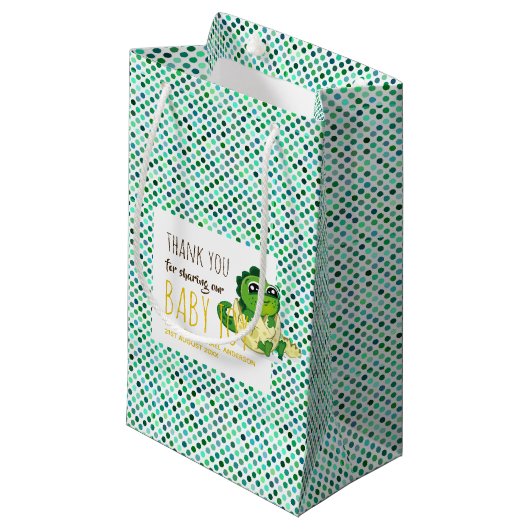 Cute Baby Dinosaur Hatching Shower Party Polkadot Klein Cadeauzakje (Voorkant Gekanteld)