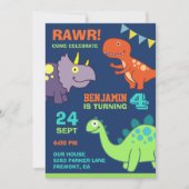 Cute Baby Dinosaur Kids Birthday Party Invision Kaart (Voorkant)