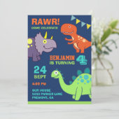 Cute Baby Dinosaur Kids Birthday Party Invision Kaart (Staand voorkant)