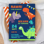 Cute Baby Dinosaur Kids Birthday Party Invision Kaart<br><div class="desc">Maak je gasten geweldig met deze coole uitnodiging van het verjaardagsfeest met heldere kleurrijke dinosaurussen met levendige typografie tegen een blauwe achtergrond. Voeg eenvoudig uw gebeurtenisdetails op deze makkelijk te gebruiken sjabloon toe om het één-van-een-soort uitnodiging te maken. Draai de kaart om een elegant oranje chevron patroon op de achterkant...</div>