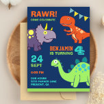 Cute Baby Dinosaur Kids Birthday Party Uitnodiging Briefkaart<br><div class="desc">Maak je gasten geweldig met deze coole uitnodiging van het verjaardagsfeest met heldere kleurrijke dinosaurussen met levendige typografie tegen een blauwe achtergrond. Voeg eenvoudig uw gebeurtenisdetails op deze makkelijk te gebruiken sjabloon toe om het één-van-een-soort uitnodiging te maken.</div>