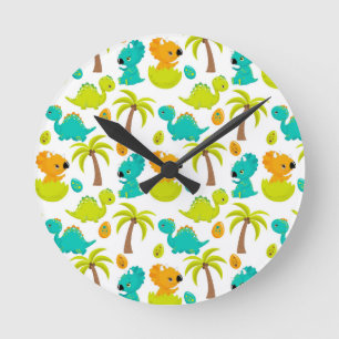 Cute Baby Dinosaur Triceratops Dino Eggs Palm Tree Ronde Klok