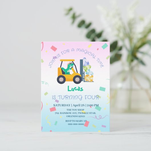 Cute baby dinosaurus tractor vrachtwagen verjaarda briefkaart (Staand voorkant)