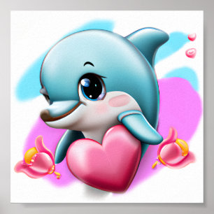 Cute Baby Dolphin met Valentijns hart Poster