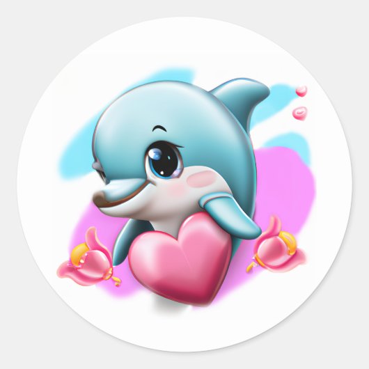 Cute Baby Dolphin met Valentijns hart Ronde Sticker (Voorkant)