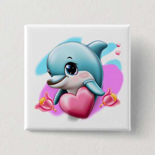Cute Baby Dolphin met Valentijns hart Vierkante Button 5,1 Cm (Voorkant)