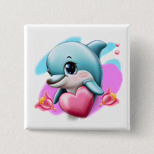 Cute Baby Dolphin met Valentijns hart Vierkante Button 5,1 Cm