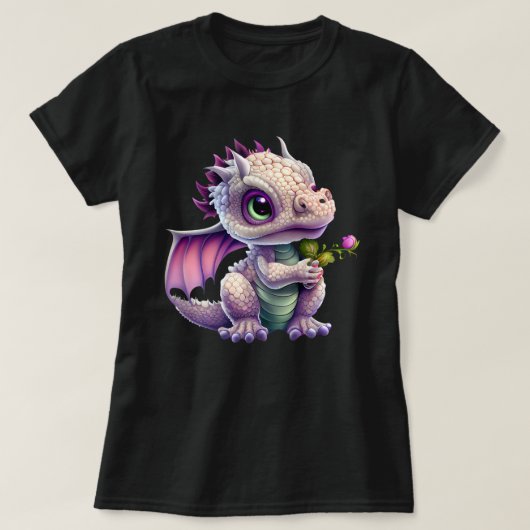 Cute Baby Dragon die een Roos grafisch vasthoudt T-shirt (Design voorkant)