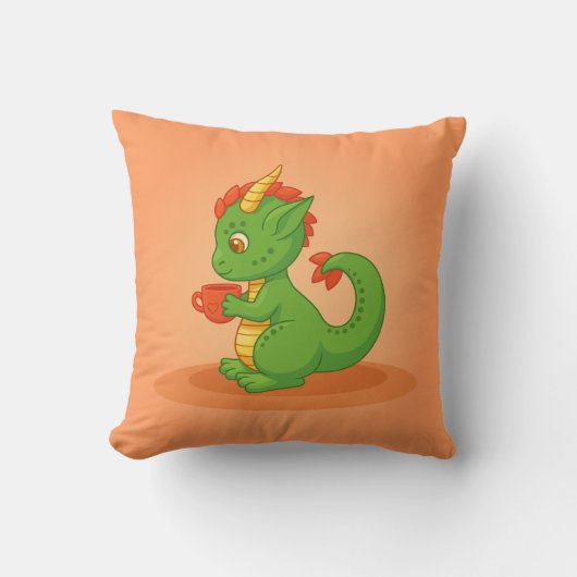 Cute Baby Dragon Holding Cup on Orange Kussen (Voorkant)