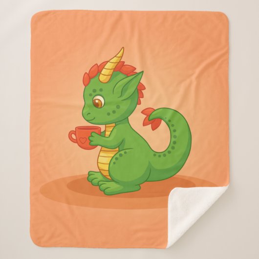 Cute Baby Dragon Holding Cup on Orange Sherpa Deken (Voorkant)