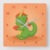 Cute Baby Dragon Holding Cup on Orange Vierkante Klok (Voorkant)