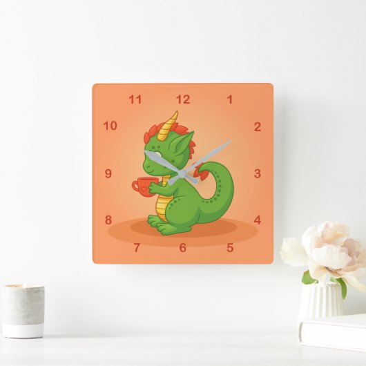 Cute Baby Dragon Holding Cup on Orange Vierkante Klok (Huis)
