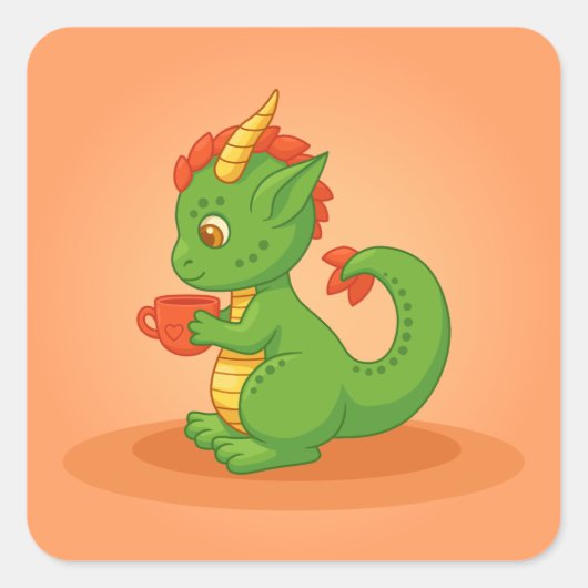 Cute Baby Dragon Holding Cup on Orange Vierkante Sticker (Voorkant)