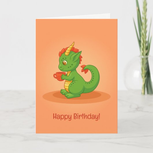 Cute Baby Dragon Holding Cup Orange Birthday Card Kaart (Voorkant)