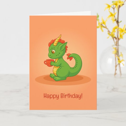 Cute Baby Dragon Holding Cup Orange Birthday Card Kaart (Gele Bloem)