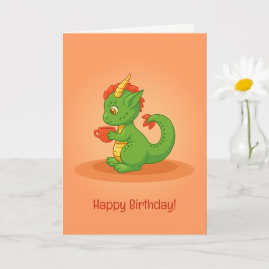 Cute Baby Dragon Holding Cup Orange Birthday Card Kaart (Kleine Plant)