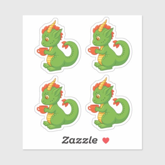 Cute Baby Dragon Holding Cup Set of 4 Sticker (Vel)