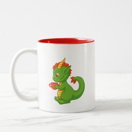 Cute Baby Dragon Holding Cup Two-Tone Mug Tweekleurige Koffiemok (Links)