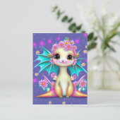 Cute Baby Dragon met roze bloemen Briefkaart (Staand voorkant)