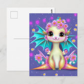 Cute Baby Dragon met roze bloemen Briefkaart (Voorkant / Achterkant)